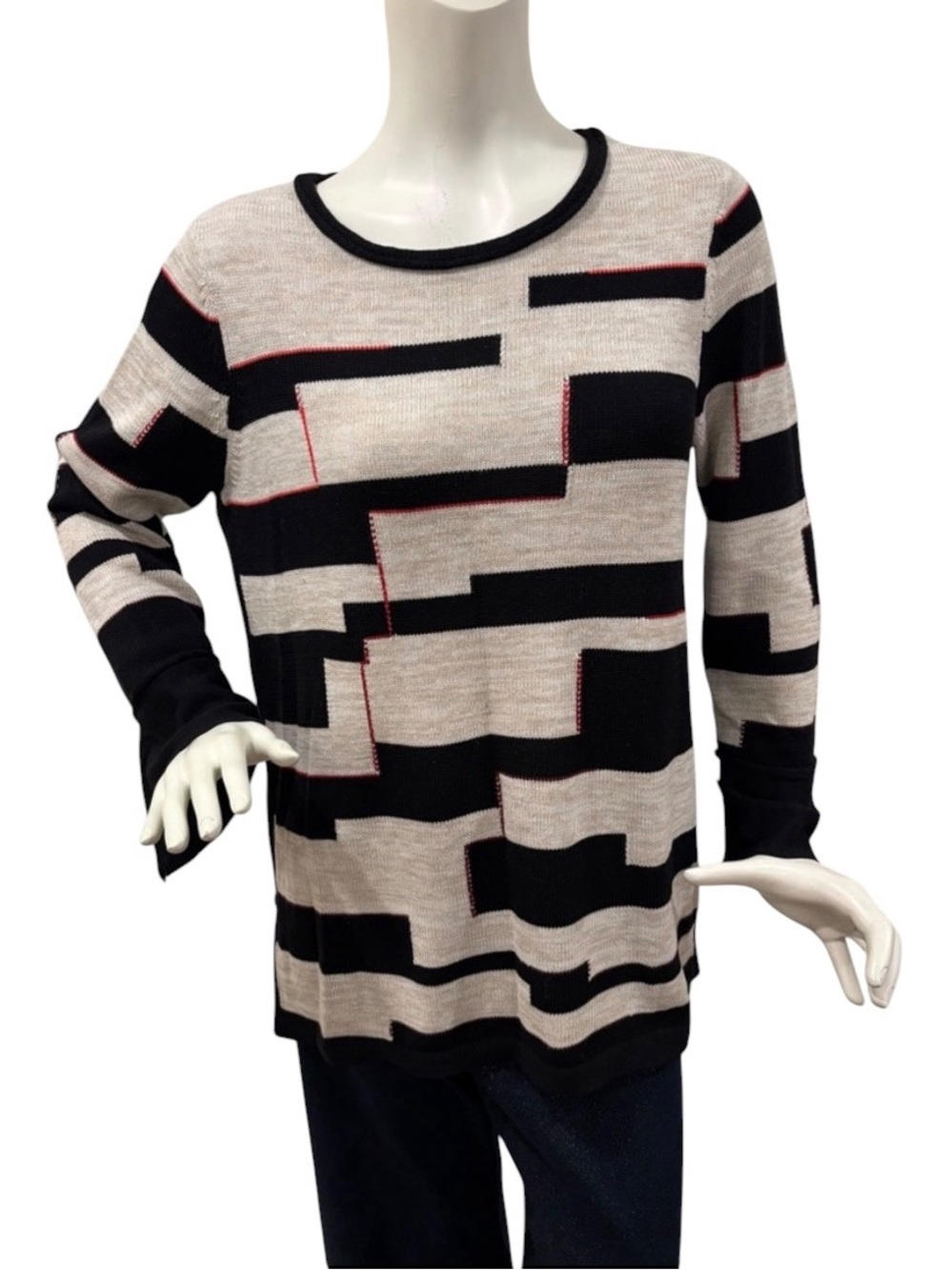 Nic & Zoe Cotton Blend Make Your Path Patterned Geometric Top-Black & Cream, L